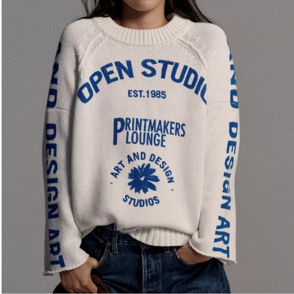 Anthropologie White and Blue Graphic Sweater